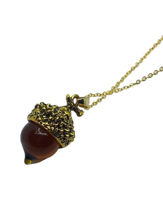 Unbranded Jewelry - Acorn Pendant Necklace Gold Tone Chain Brown Glass Long Length Womens Jewelry